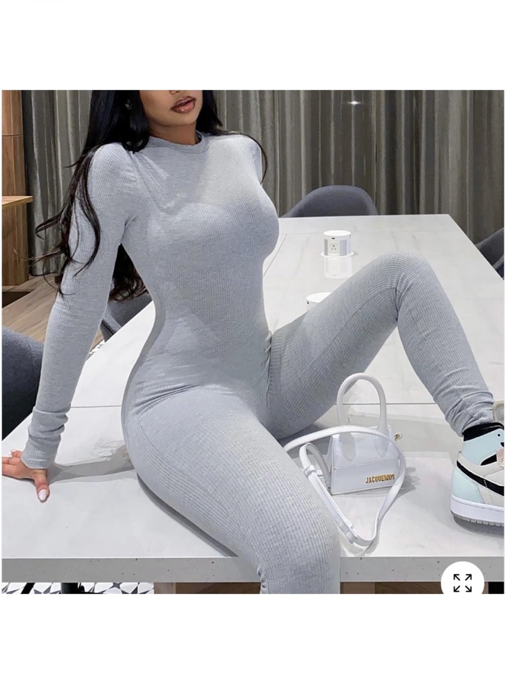 Fashion Nova Ribbed Long-Sleeve Jumpsuit - Light Gray